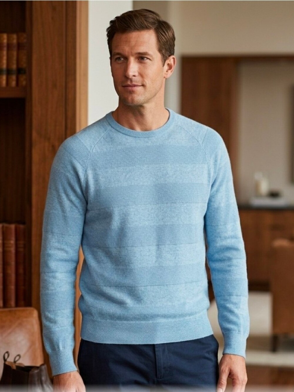 Brooks Brothers Cotton Cashmere Striped Textured Crewneck Sweater Blue L